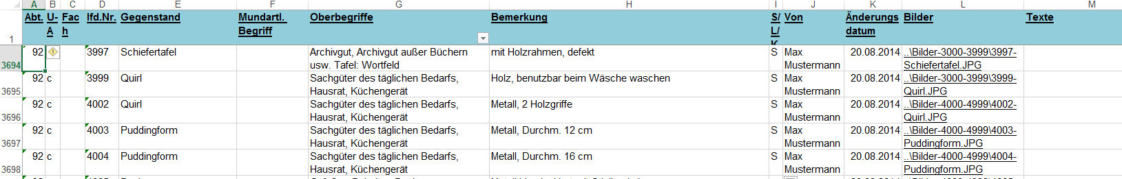 Auszug aus der Inventarisierungsdatenbank